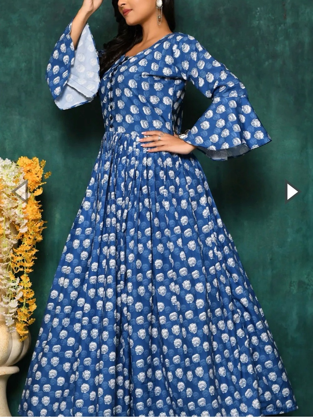 Women’s Indian Cotton Floral Pleated Boho Retro Party‎ Festival Gown Blue M - Picture 15 of 15